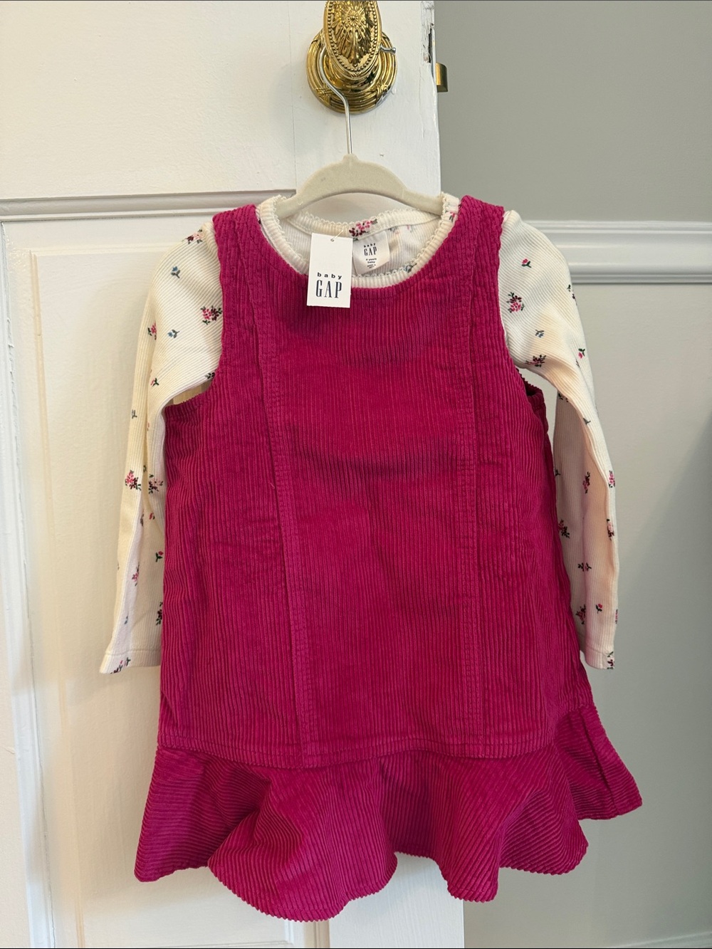 NWT GAP 2T Pink Corduroy Ruffle Pinafore Dress & long sleeve floral ribbed shirt
